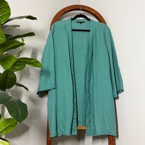 Preston & York 18 Teal Mid Length Open Front 100% Linen 3/4 Sleeve Kimono Jacket